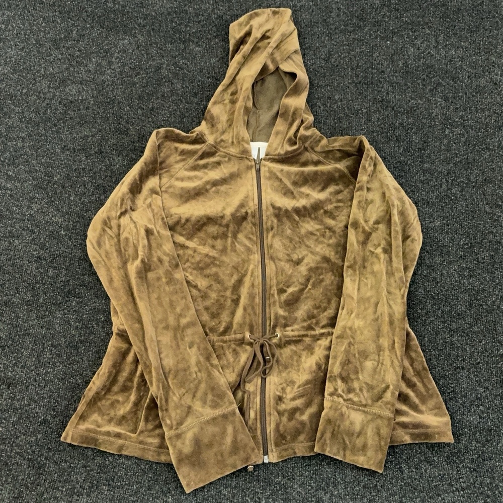 CITY DKNY Hoodie Womens XL Brown Velour Full Zip Drawstring Waist Jacket